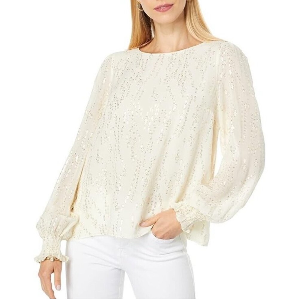Lilly Pulitzer Idina Long Sleeve Silk Top Womens Sz XL Metallic Luxury Old Money